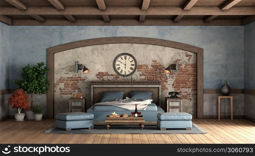 Rustic master bedrom with old walls, wooden double bed and roof beams- 3d rendering. Rustic master bedrom with old walls and wooden double bed