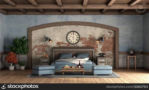 Rustic master bedrom with old walls, wooden double bed and roof beams- 3d rendering. Rustic master bedrom with old walls and wooden double bed