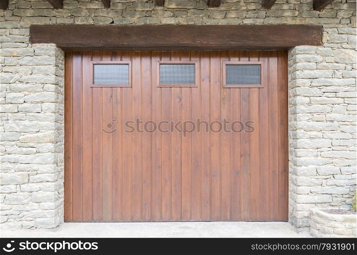 Rustic old wooden door and stone