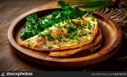 Rustic omelet on wooden plate with parsley. Generated AI