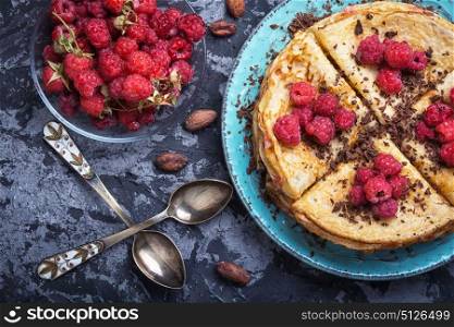 rustic pancakes with berries. Pancakes with berries raspberries with stuffed chocolate