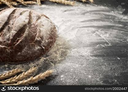 Rustic rye flour bread on a black work table sprinkled with flour. Selective focus. Close-up with free copy space and ears of bread on the table. Rural bakery, baker?s desk
