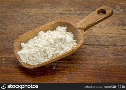 rustic scoop of whey protein powder against grunge wood table