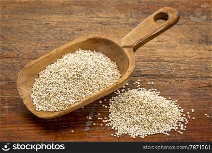 rustic scoop of white quinoa grain against grunge wood table