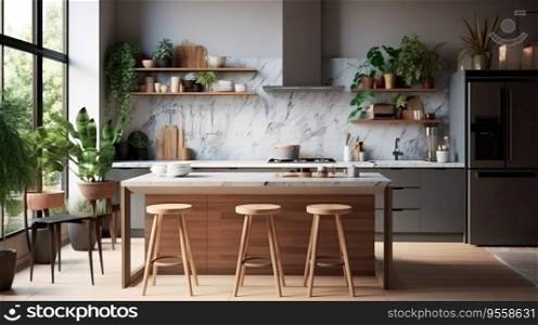 Rustic style kitchen interior design, colored furniture with wood elements, warm background. Architectural solutions for premises. AI generated.. Rustic style kitchen interior design, colored furniture with wood elements, warm background. AI generated.