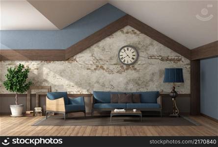 Rustic style living room with stone wall , pitched roof , modern sofa and armchair - 3d rendering. Rustic style living room with stone wall and pitched roof