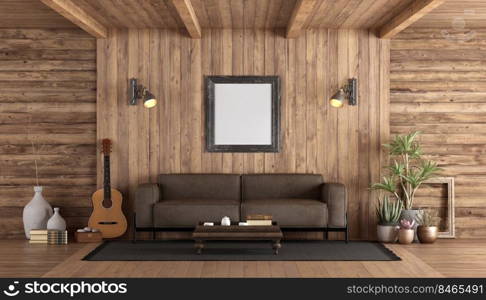 Rustic style wooden living room with brown sofa,classic guitar and mockup poster - 3d rendering. Rustic style wooden living room with leather sofa