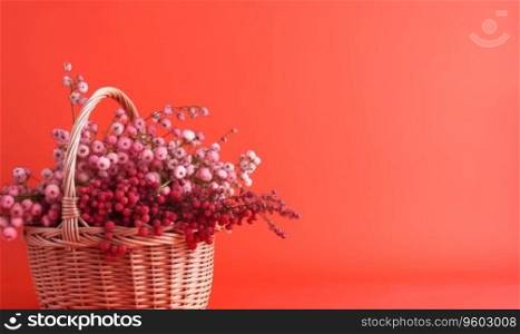 Rustic wicker basket filled with a mix of red and white blooms on a bold red background. Created with generative AI tools. Rustic wicker basket filled with a mix of red and white blooms. Created by AI