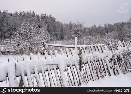 Rustic winter landscape with a fallen wooden fence covered with snow on a cloudy day, Russia.