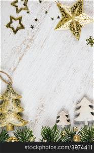 Rustic wood background for Christmas with copy space for all Christmas design. Old wood texture decorated with Christmas decoration theme for wallpaper and product display in Christmas time. Top view. Rustic wood background for Christmas with copy space