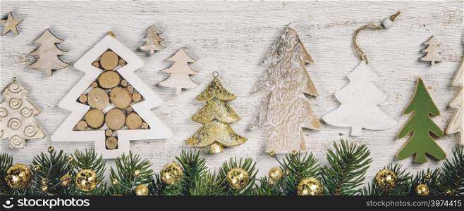 Rustic wood background for Christmas with copy space for all Christmas design. Old wood texture decorated with Christmas decoration theme for wallpaper and product display in Christmas time. Top view. Christmas theme background in vintage style, close up