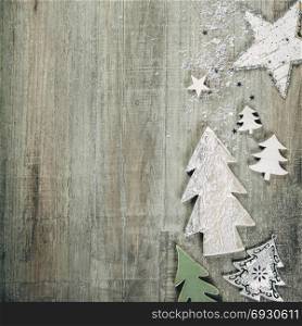 Rustic wood background for Christmas with copy space for all Christmas design. Old wood texture decorated with Christmas decoration theme for wallpaper and product display in Christmas time. Top view