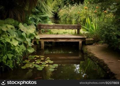 rustic wooden bench surrounded by lush foliage and a tranquil pond, created with generative ai. rustic wooden bench surrounded by lush foliage and a tranquil pond