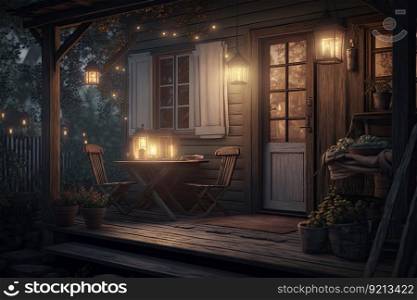 rustic wooden furniture in cozy backyard illuminated by porch light, created with generative ai. rustic wooden furniture in cozy backyard illuminated by porch light