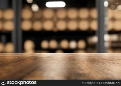 Rustic Wooden Table with Blurred Wine Cellar Background: Winery and Beverage Concept. Generative AI.