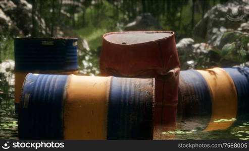 Rusty barrels in green forest illustrates the pollution of environment by oil spills. Rusty barrels in green forest