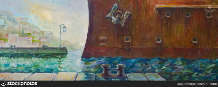 Rusty Battleship. An oil painting of an old and rusty battleship coming to the pier (artwork by Alex Tsuper).