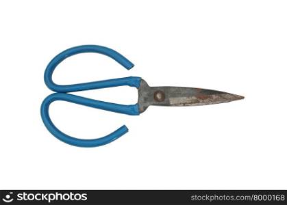 Rusty blue rubber handles scissors isolated on white background