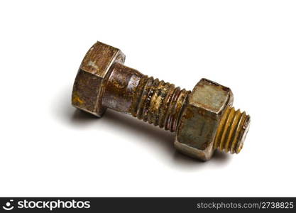 Rusty bolt with nut isolated on white background