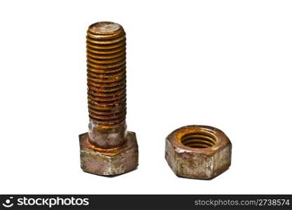Rusty nut and bolt isolated on white background