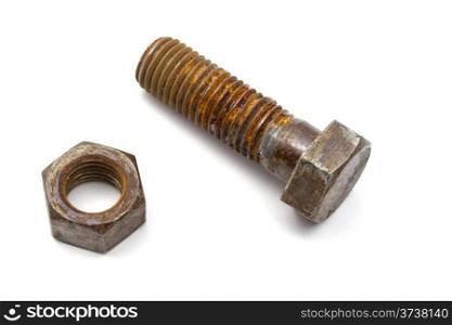 Rusty nut and bolt isolated on white background