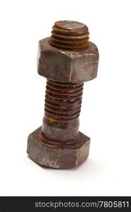 Rusty nut and bolt on white