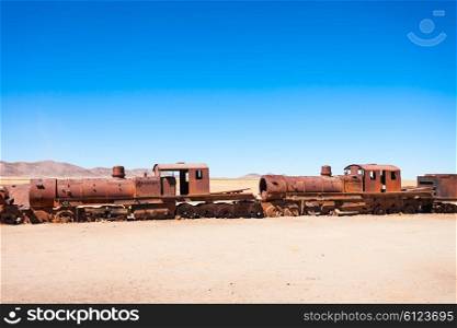 Rusty old steam train at the Train Cemetery, Salar de Uyuni, Bolivia