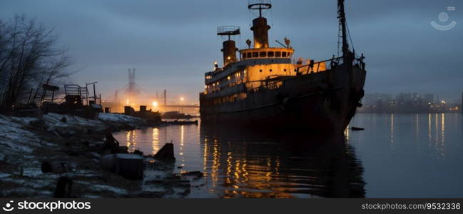 Rusty ship floats through the cemetery of the ship lighting