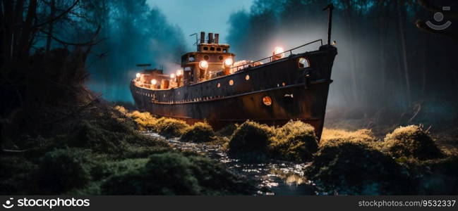 Rusty ship floats through the cemetery of the ship lighting