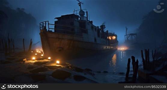Rusty ship floats through the cemetery of the ship lighting