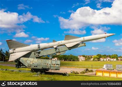 Rusty Soviet missile from 1962 Carribean crisis spointed to the blue sky, Havana, Cuba