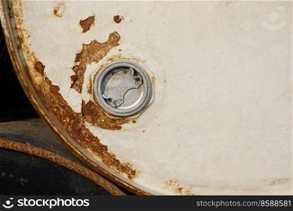 Rusty white metal barrel background. Old barrel with grunge texture. Dirty background of cracked paint. - Image