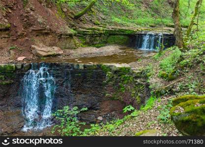 Rusyliv cascading waterfalls spring view (on the Rusyliv river in the Buchach Region, Ternopil Oblast, Ukraine)