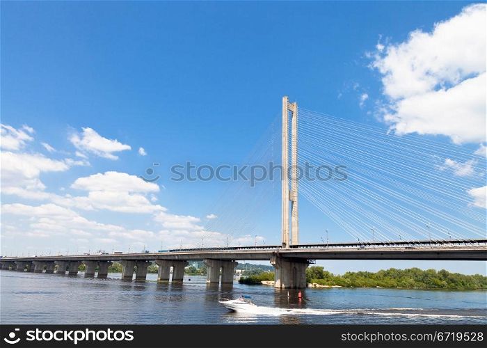 Rybalskyi (Fisherman&rsquo;s) cable-stayed Bridge through Dnieper River in Kiev, Ukraine