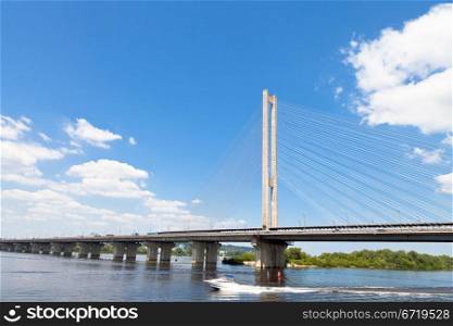 Rybalskyi (Fisherman&rsquo;s) cable-stayed Bridge through Dnieper River in Kiev, Ukraine