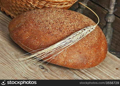 rye bread, and corn on the wooden table