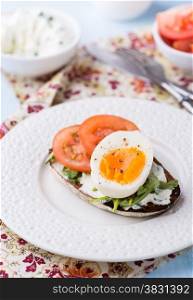 Rye toast sandwiches with egg and soft cheese, selective focus
