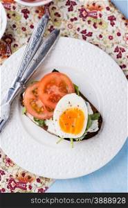 Rye toast sandwiches with egg and soft cheese, selective focus