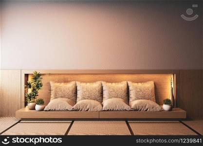 Ryokan room interior with sofa wooden on hiden light wall design.3D rendering