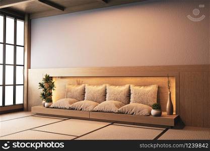 Ryokan room interior with sofa wooden on hiden light wall design.3D rendering
