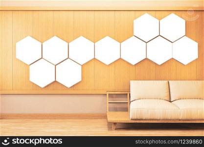 Ryokan room with hexagon light on wall decoraion and tatami mat floor.3D rendering