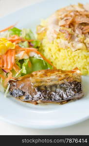 Saba teriyaki . Grilled fish with fresh salad and Chicken Biryani