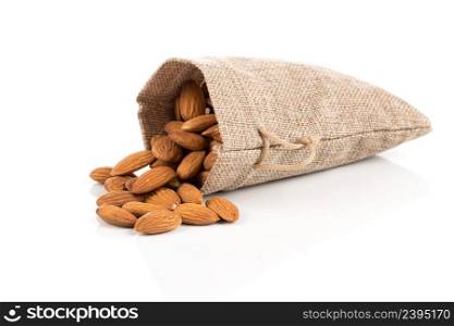 Sack of almonds nuts on a white background