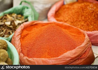 Sack of chili powder at a market stall, Tai&acute;an, Shandong Province, China