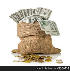 Sack of dollars and coins isolated on a white background. Sack of dollars