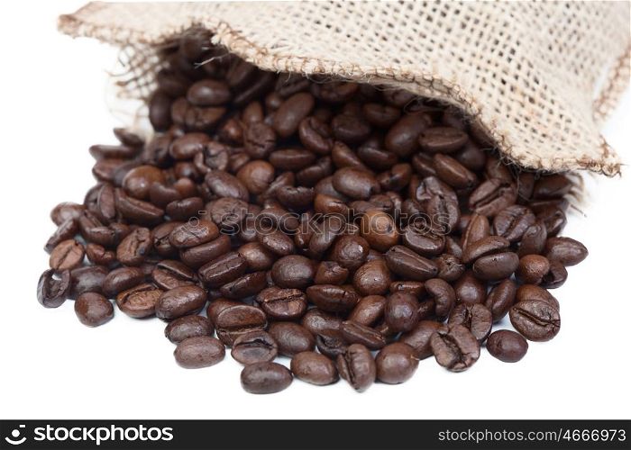 Sack with roasted coffee beans isolated on white background