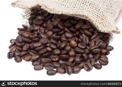Sack with roasted coffee beans isolated on white background