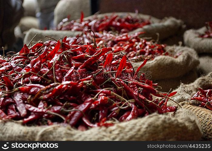 Sacks of Dried chillies for sale at the market