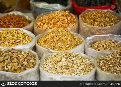 Sacks of dried shrimps at a market stall, Tai&acute;an, Shandong Province, China