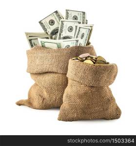 Sacks with dollars and coins isolated on a white background